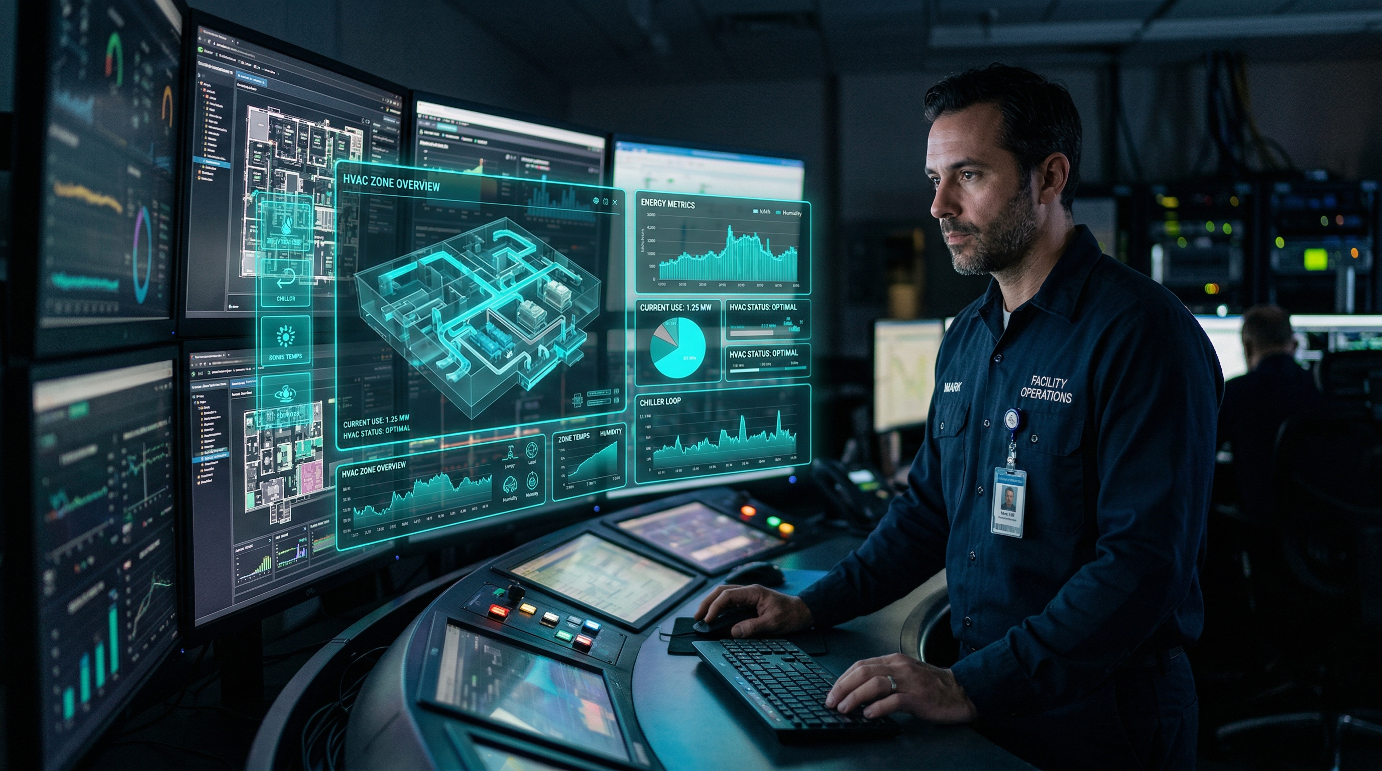 Aerial sunrise over a European city with smart-grid building