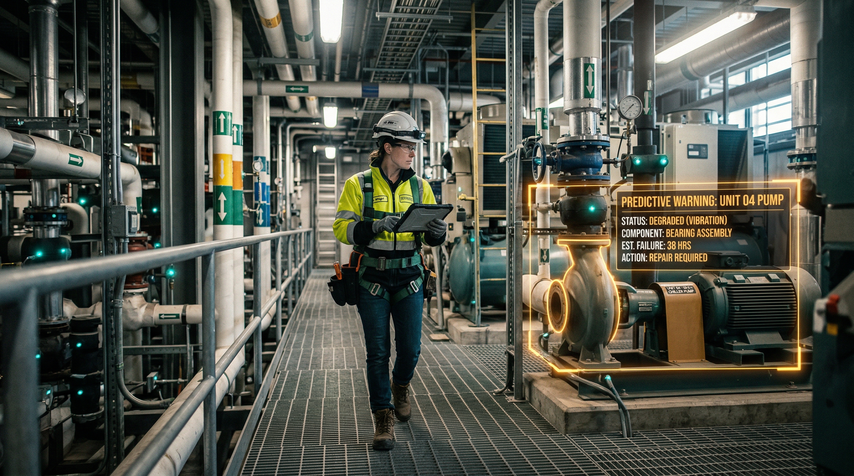 Operator walking through a mechanical plant room with smart sensor overlays