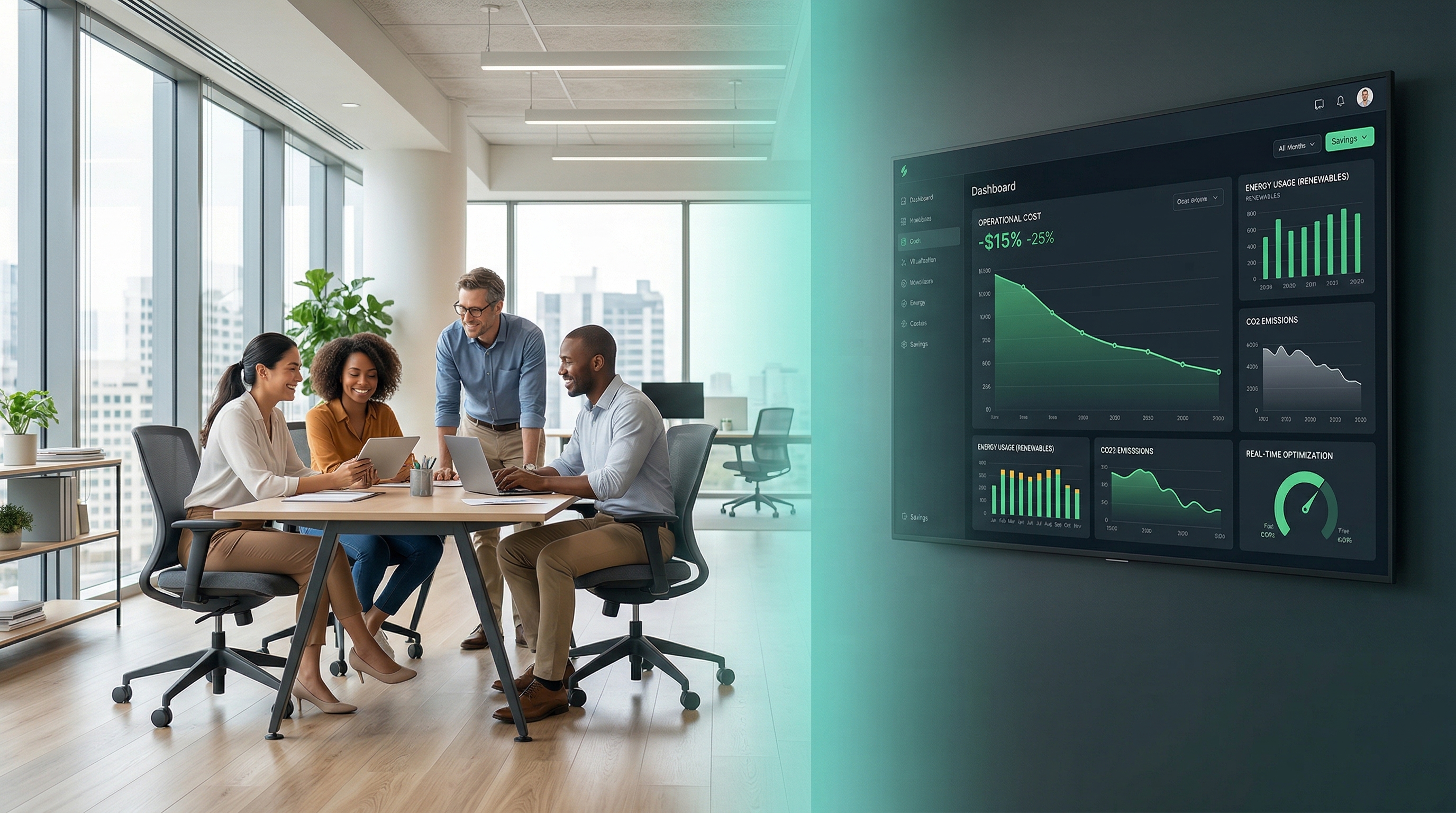 Satisfied office workers with energy savings dashboard