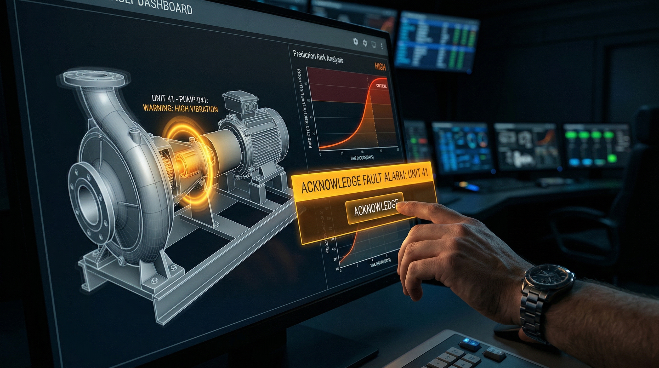 Fault detection dashboard with pump vibration warning and prediction risk curve