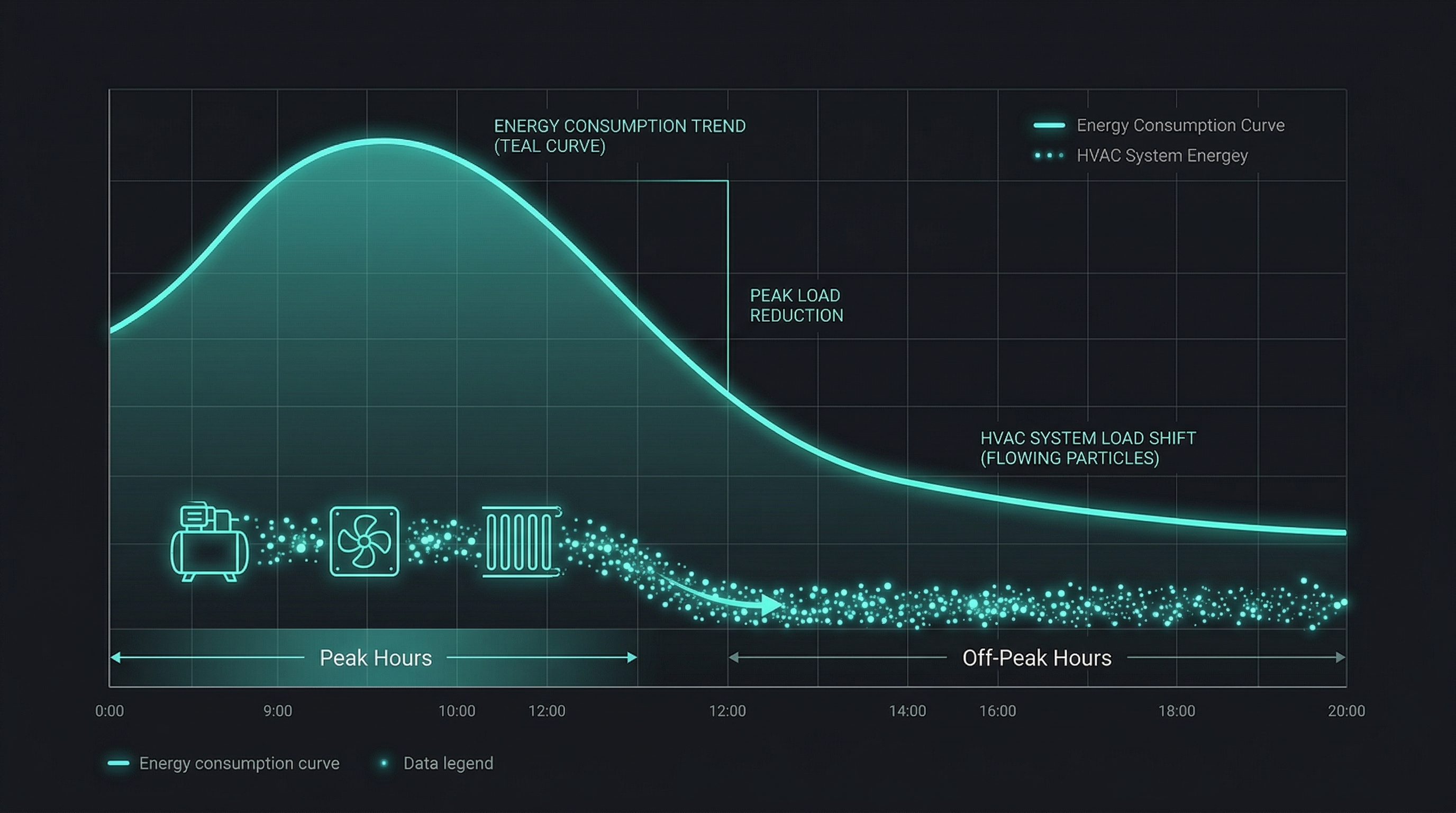 Energy consumption curve with peak load reduction and HVAC system load shift