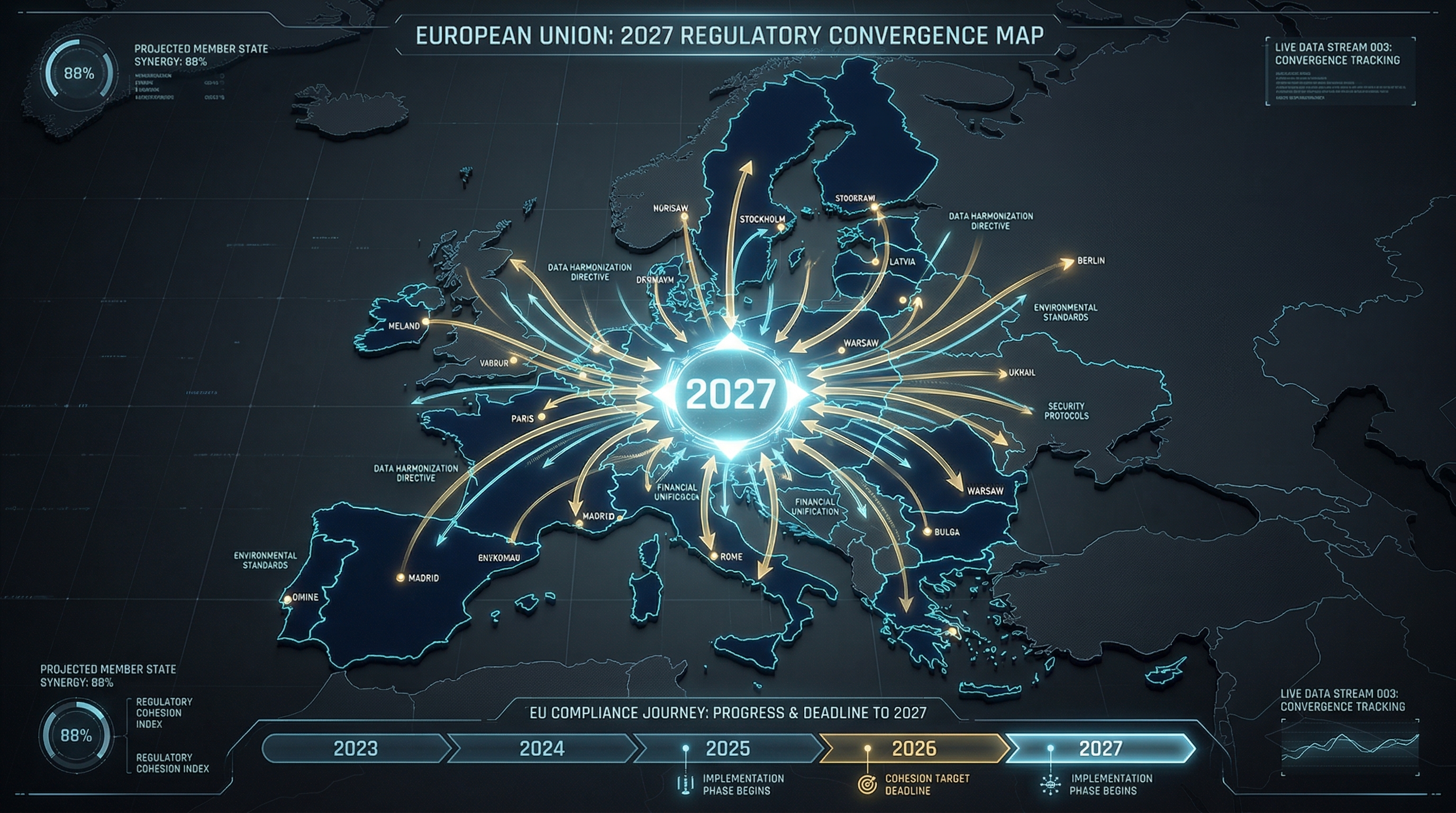 European Union 2027 regulatory convergence map with member state arrows