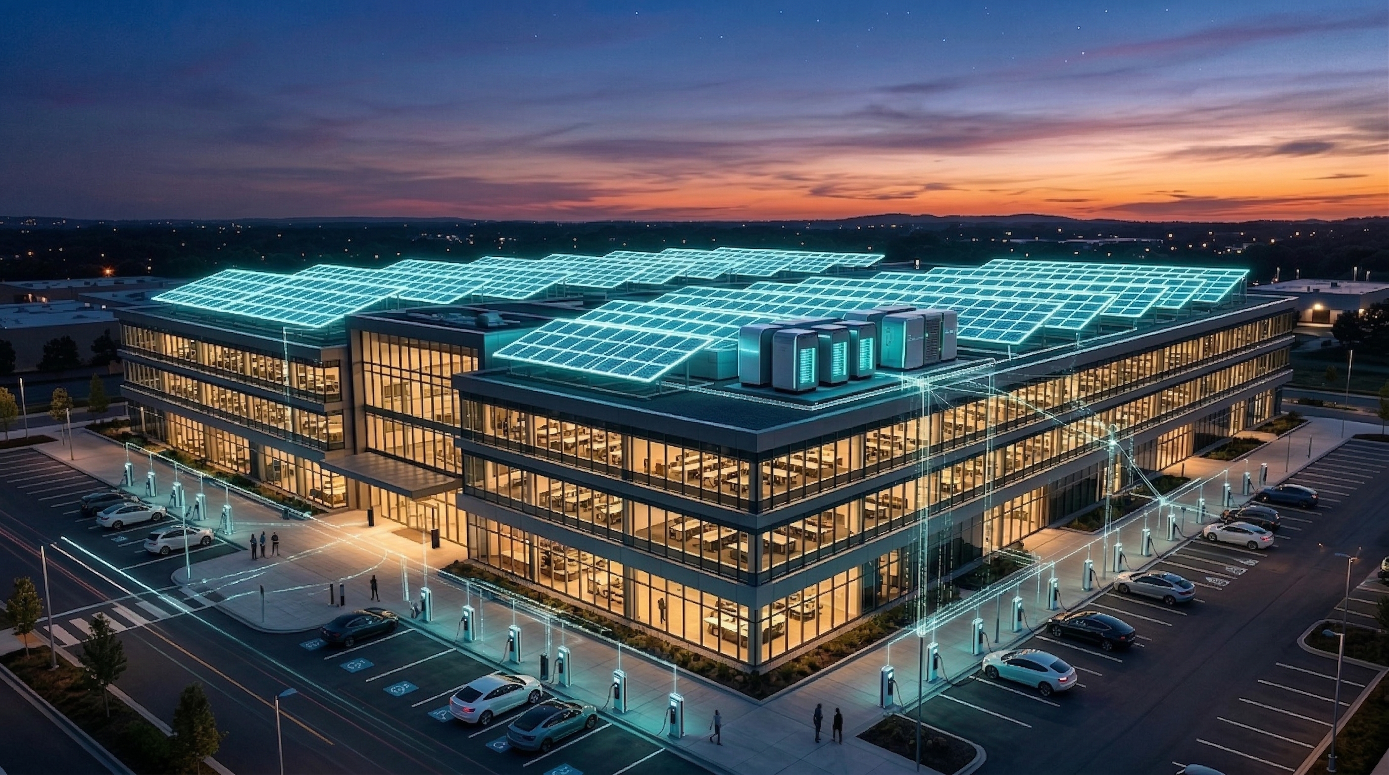 Future-proof commercial building with solar panels, EV chargers and smart grid lines at dusk